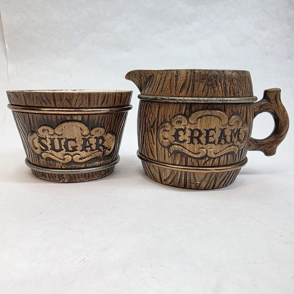 Vintage Treasure Craft‎ Cream And Sugar Set Barrel 1957 MCM Rustic Ceramic